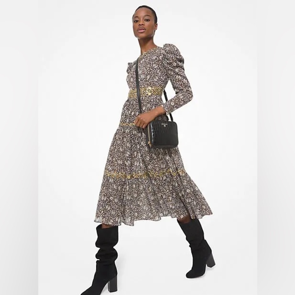MICHAEL Michael Kors Floral Midi Dress in Black and Gold